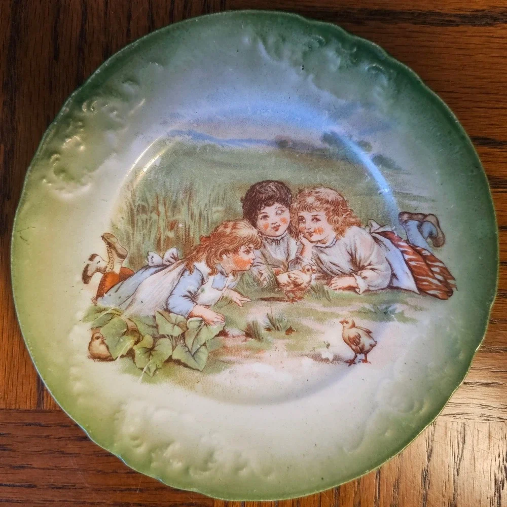 Vintage Porcelain Children and Chicks Collector Plate Green Scalloped Rim 6 Inch